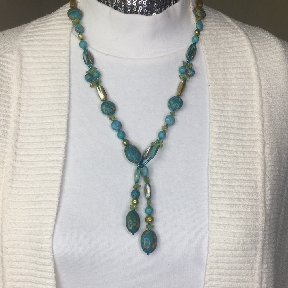 Artisan lariat necklace turquoise peridot pearls shell 22"